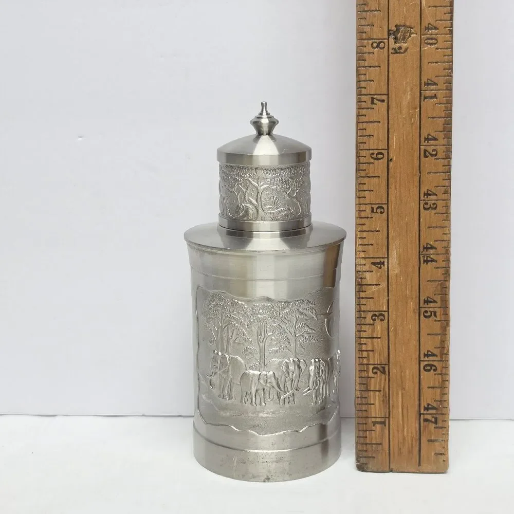 Vintage Bangkok Pewter Thailand Tea Coffee Caddy Container Elephants Embossed